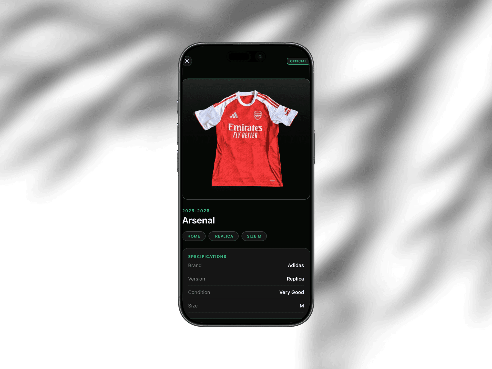 Kitoya kit detail screen with season, brand, size and condition of a football shirt